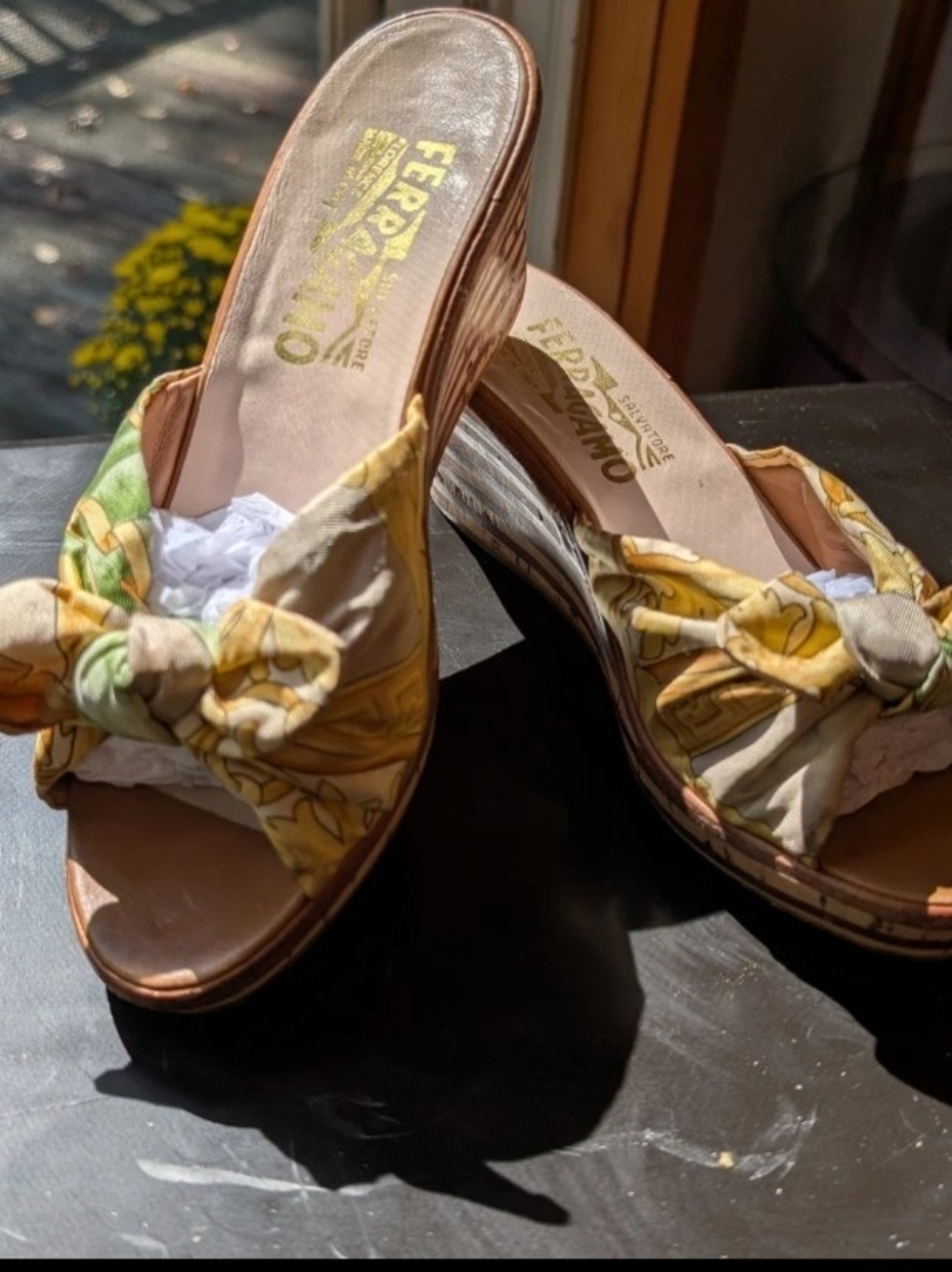 Salvatore Ferragamo Scarf Knot Wedge Sandals | Yellow Silk Bow Sz 6 | Italy